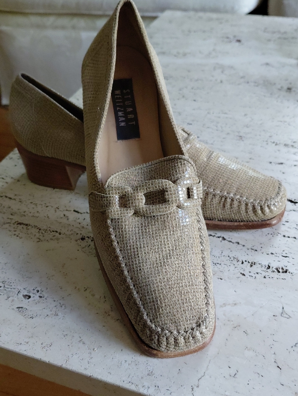 Stuart Weitzman Metallic Beige/Tan Loafers with Bit Detail
